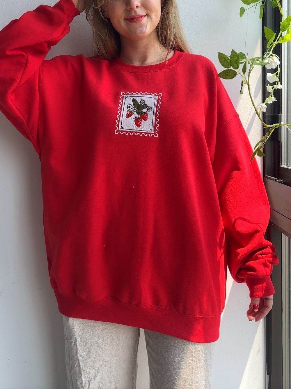 NWT Hand Crafted Red Crewneck Sweatshirt with Strawberry Patch Embroidered Stamp